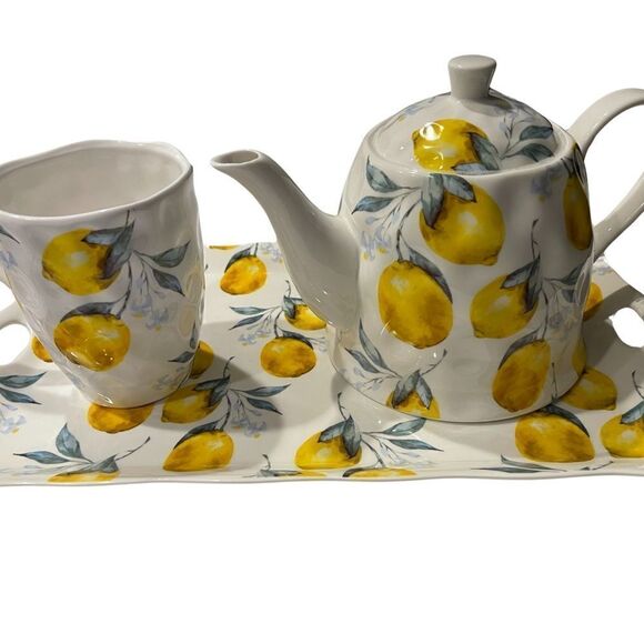 Four Piece Lemon patten Coffee/Tea pot with lid, sugar holder, creamer & platter - Picture 6 of 7
